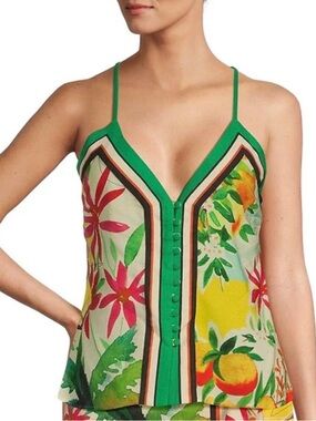 ANTONIO MELANI Green Floral V-Neck Silk Tank